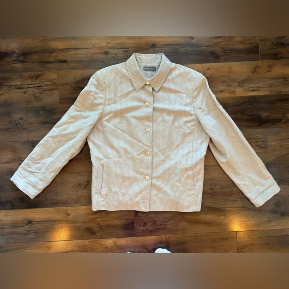 Kate Hill Tan Striped Button-Down Blazer Jacket | Size 16